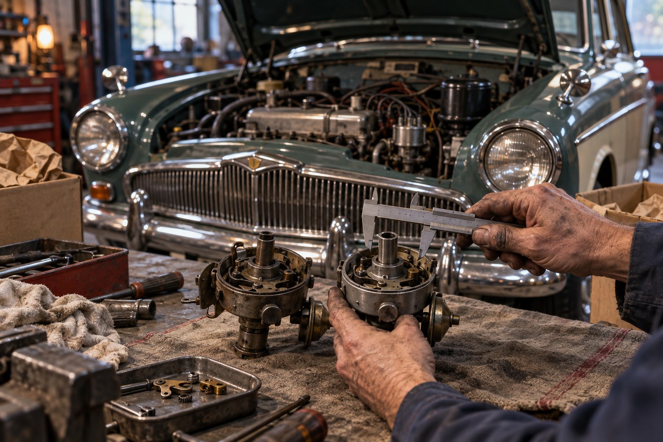 Mechanic measuring a vintage car distributor component with calipers on a workbench with a classic Singer Gazelle in the background