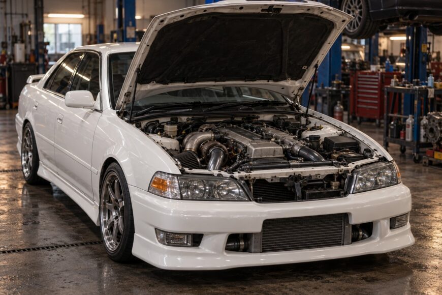 A white Toyota Chaser JZX100 sedan with an open hood parked inside a brightly lit tuning garage revealing the modified 1JZ engine