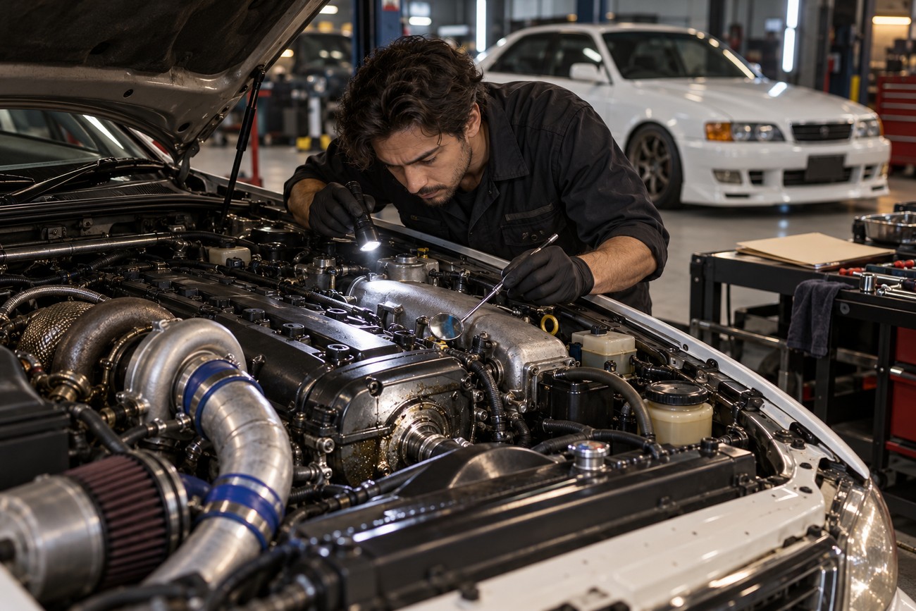 A mechanic in black uniform using a flashlight to inspect the modified 1JZ engine of a Toyota Chaser JZX100 in a garage