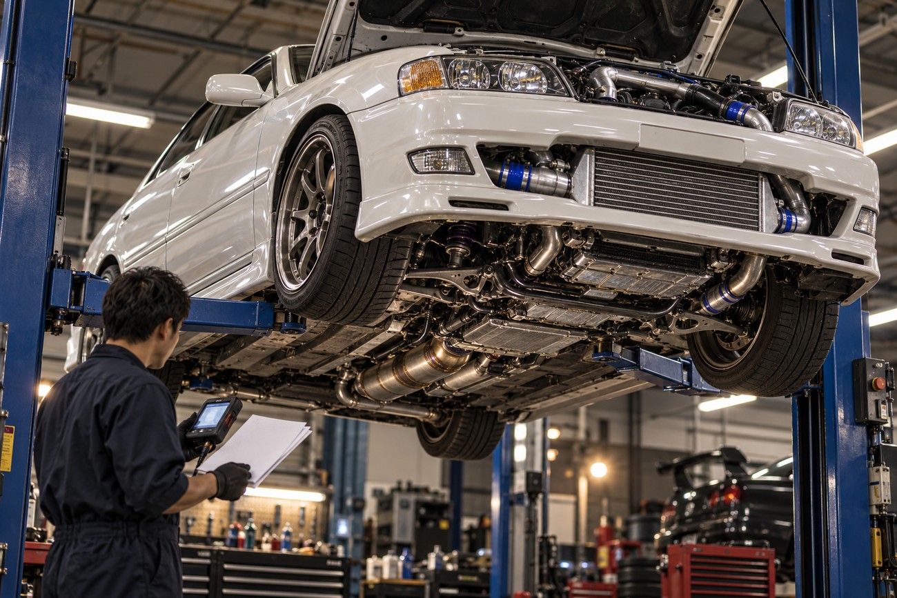 Mechanic holding a diagnostic tool and papers looks up at a tuned white Toyota Chaser JZX100 raised on a lift in a service garage