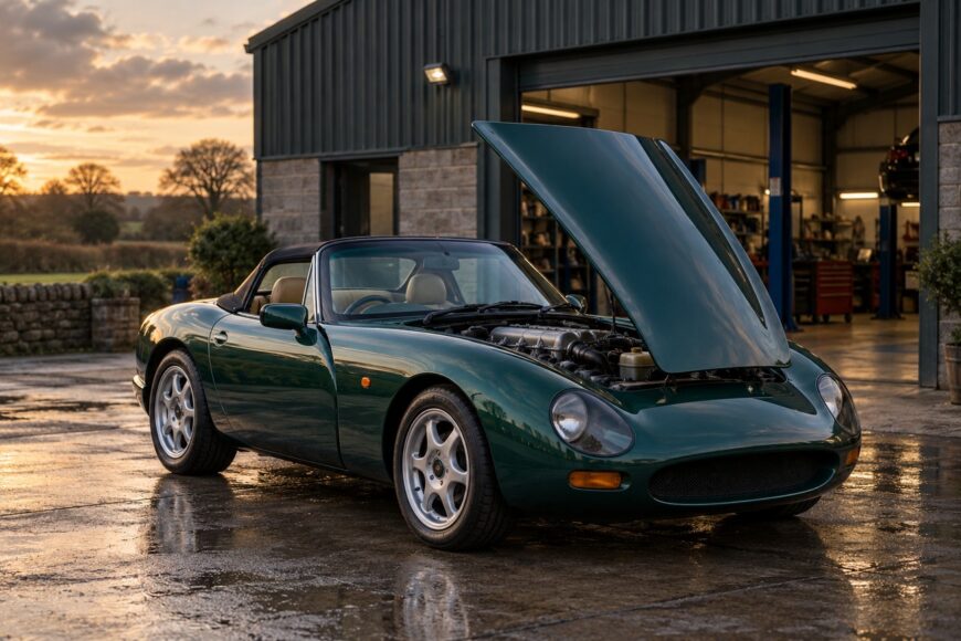 Dark green TVR Griffith 500 convertible with open hood parked on wet pavement outside a garage at sunset