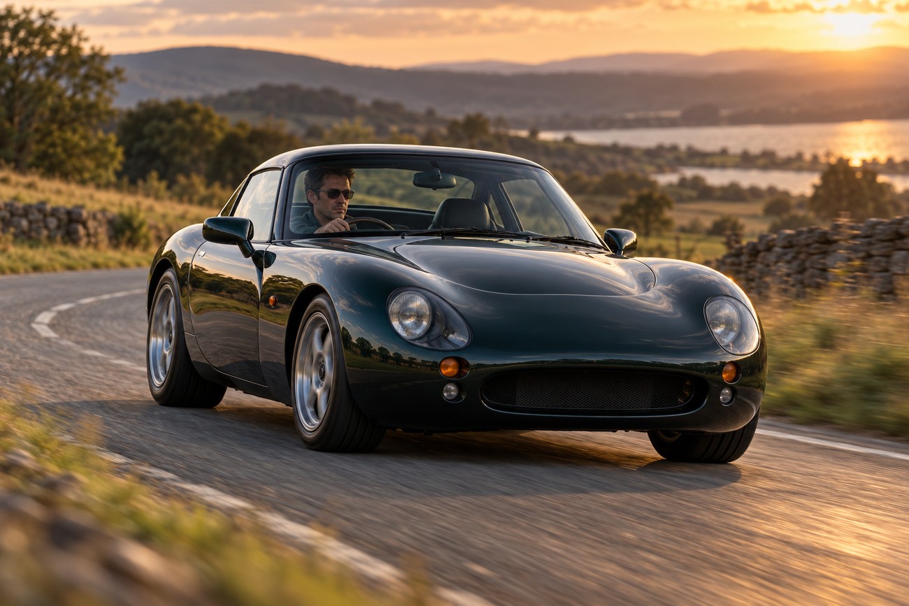 Dark green TVR Griffith 500 sports car driving on a scenic winding road at sunset with a driver