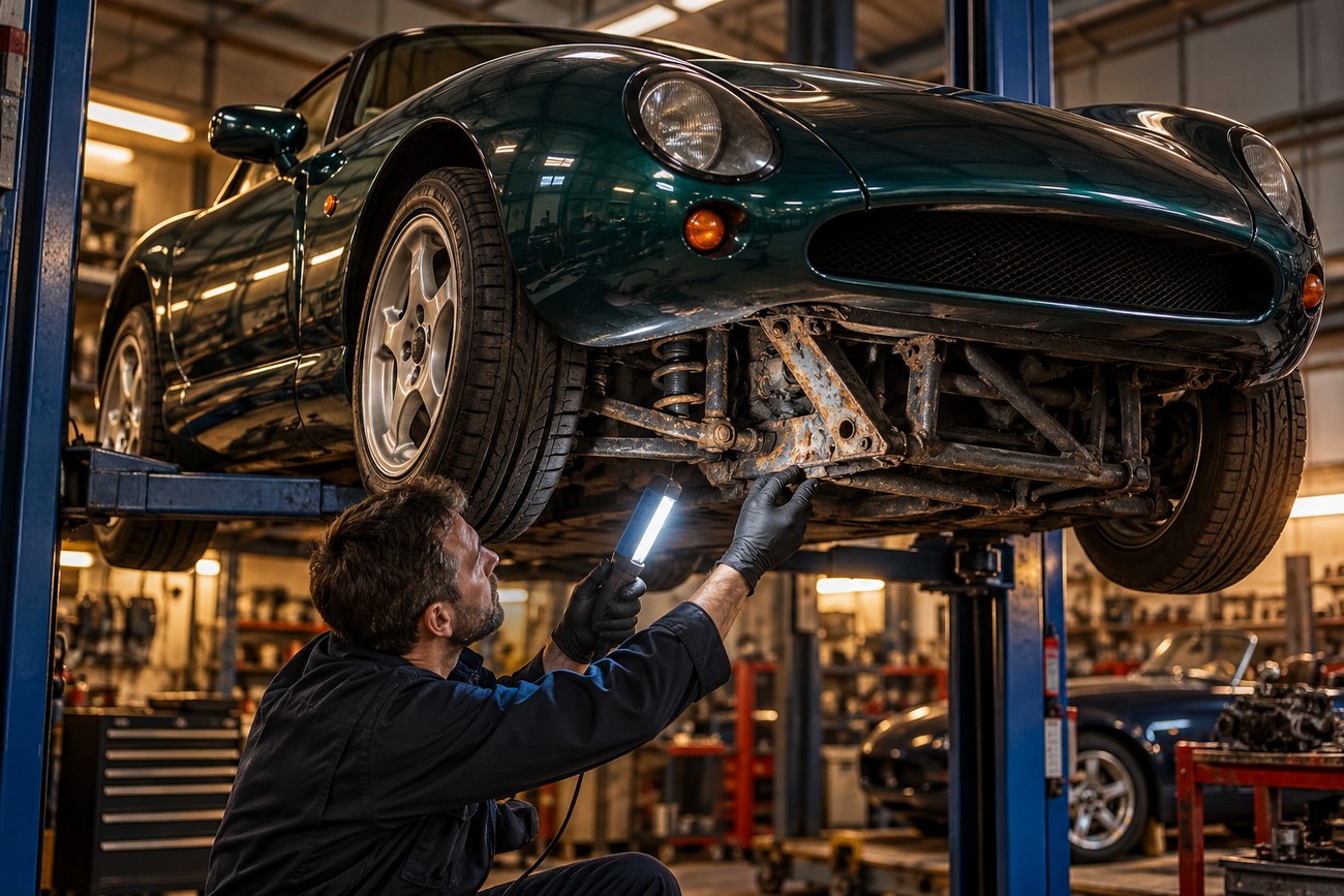 A mechanic in black gloves uses a work light to inspect rust on the chassis of a green TVR Griffith 500 lifted on a hoist in a garage