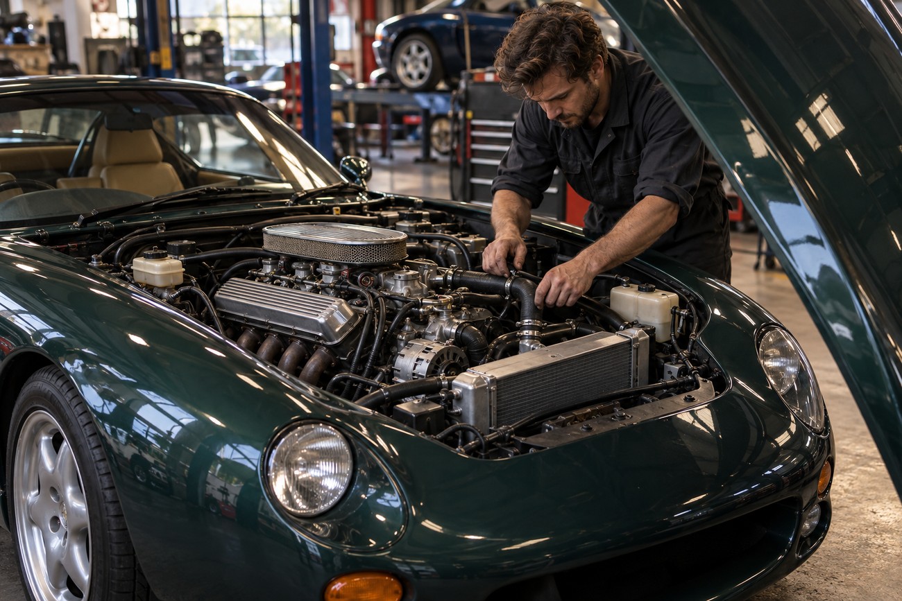 A mechanic working on the V8 engine of a dark green TVR Griffith 500 in a garage