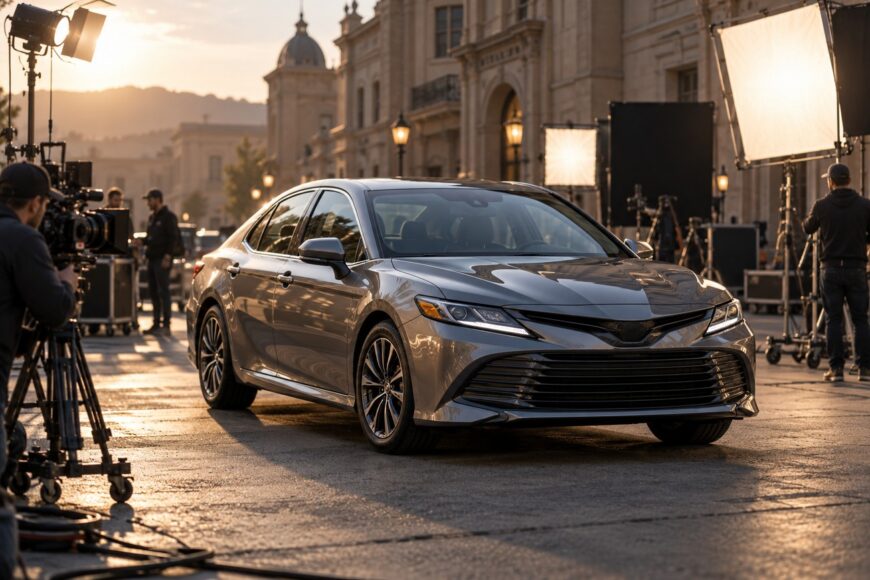 A modern silver Toyota Camry parked on a European city street during a movie production with film crew and lighting equipment