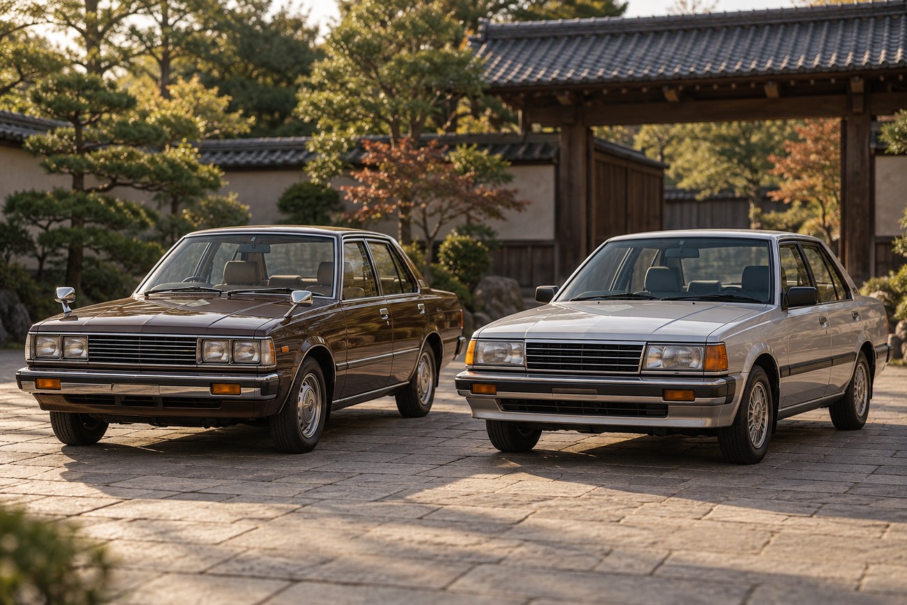 Two vintage Toyota Camry sedans parked on a stone paved courtyard in front of traditional wooden gates