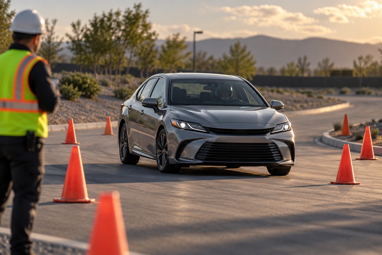 A gray Toyota Camry drives on an asphalt course surrounded by orange traffic cones while a crew member in a vest watches