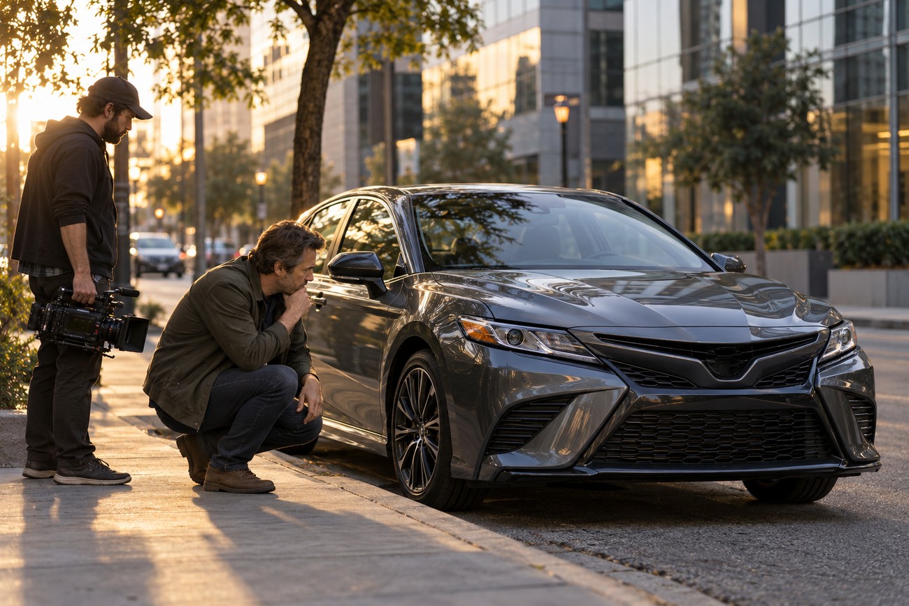 A film director crouching next to a gray Toyota Camry while a cameraman stands nearby on a city street