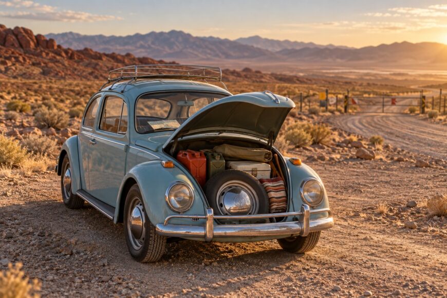 A vintage light blue Volkswagen Beetle parked on a desert dirt road with its hood open packed for a road trip near Area 51 at sunset