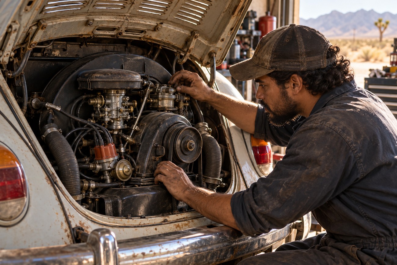 A man in a cap fixing the dusty engine of a classic Volkswagen Beetle in the desert