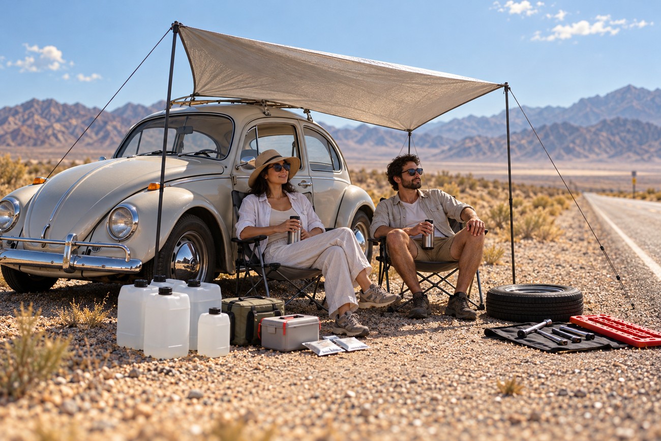 A couple resting in folding chairs under a sun canopy next to their vintage Volkswagen Beetle in the desert