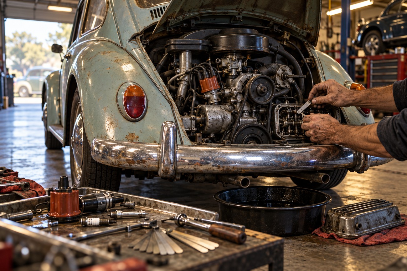 A mechanic with grease on his hands adjusts the engine of a vintage light-blue Volkswagen Beetle in a workshop