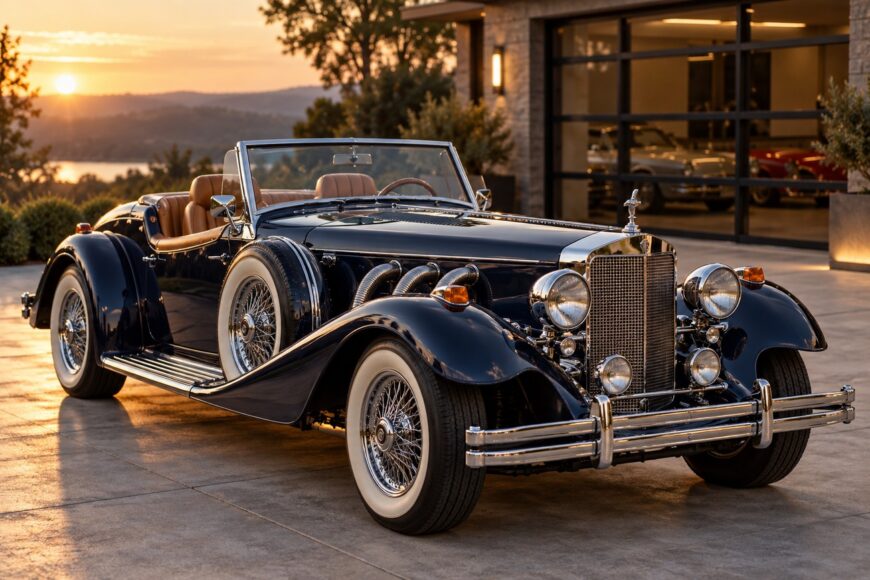 A dark blue Clenet Series I luxury neo-classic roadster parked on a driveway during sunset with a modern garage in the background