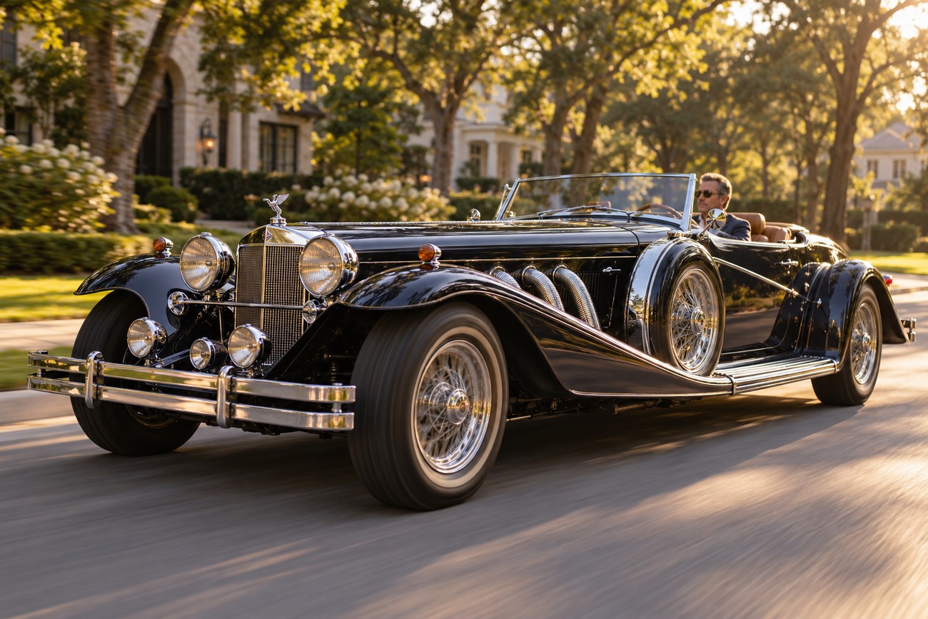 A black Clenet Series I luxury neo-classic roadster driving on a sunny street with a male driver