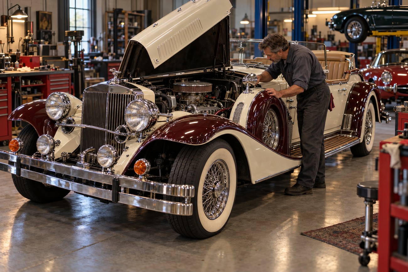 A mechanic working on the engine and chrome details of a cream and maroon Clenet Series I luxury roadster inside a vintage car restoration garage