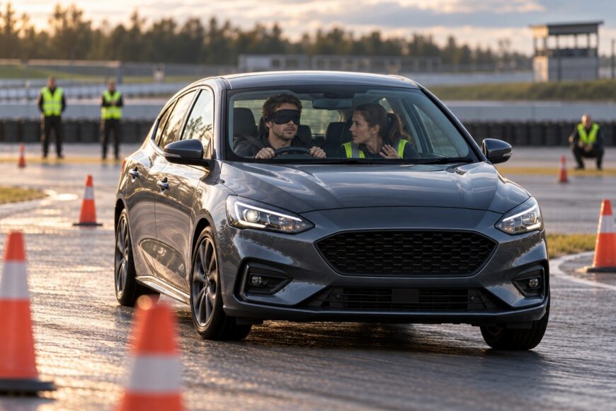 A blindfolded man driving a grey Ford Focus with a female navigator guiding him on a track surrounded by cones