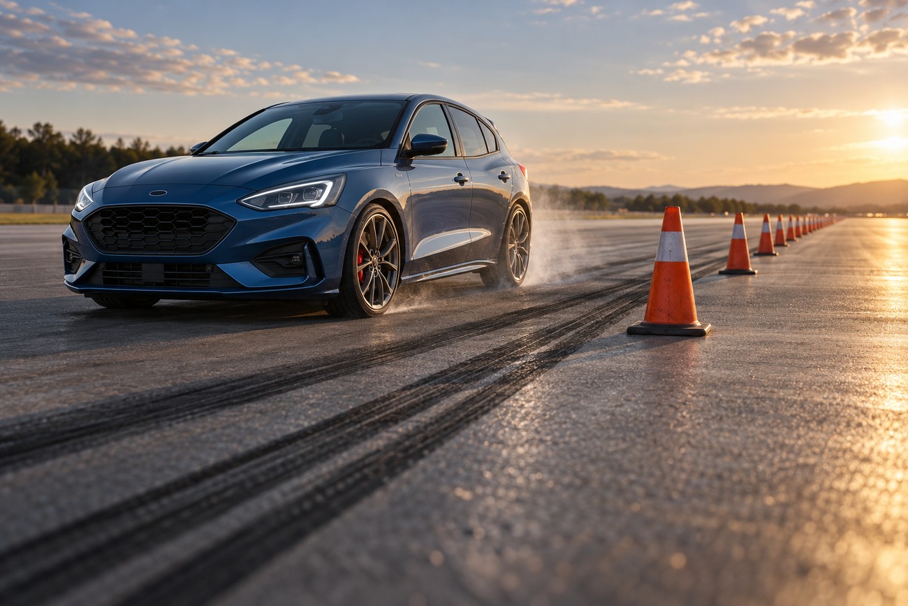 Blue Ford Focus driving past a row of orange traffic cones on a test track at sunset
