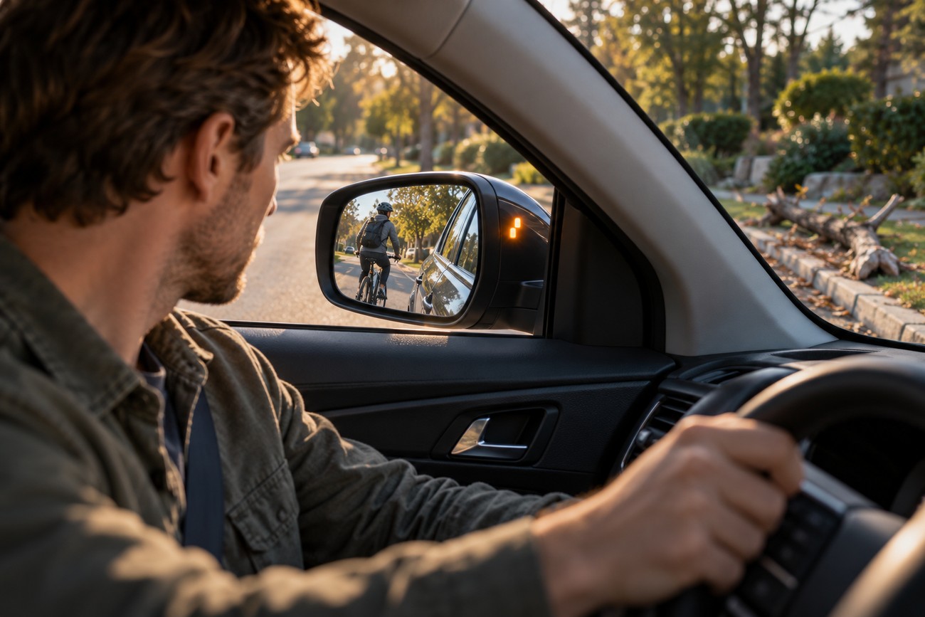 Driver behind the wheel of a Ford Focus looking at the side mirror while driving with a navigator
