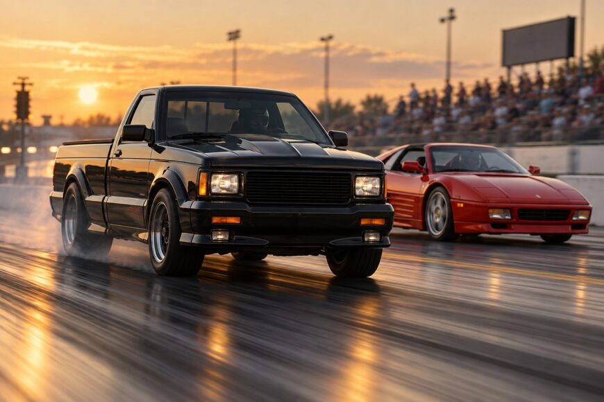 Black GMC Syclone pickup truck accelerating on a drag strip alongside a red sports car at sunset