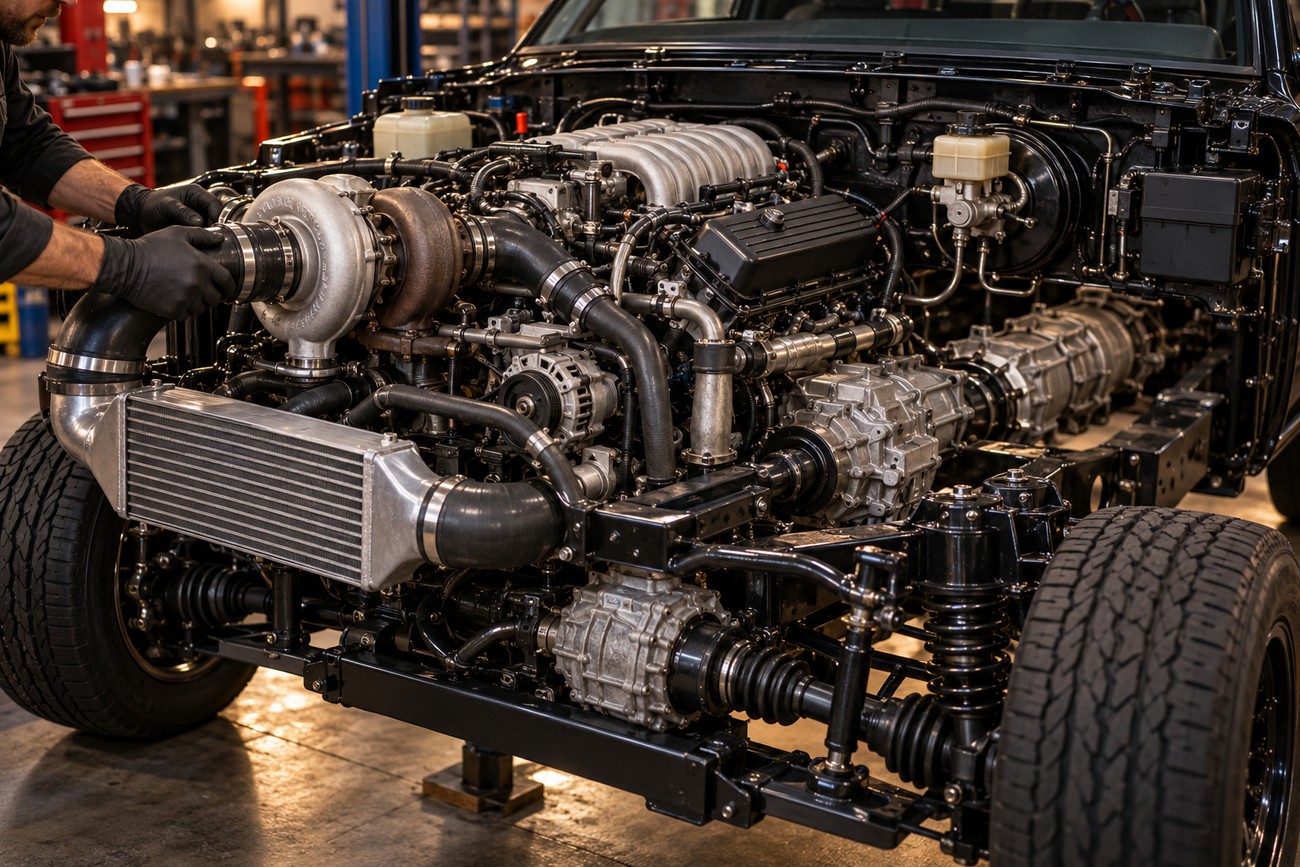 A mechanic in black gloves adjusting the turbocharger and intercooler setup inside the engine bay of a GMC Syclone pickup truck