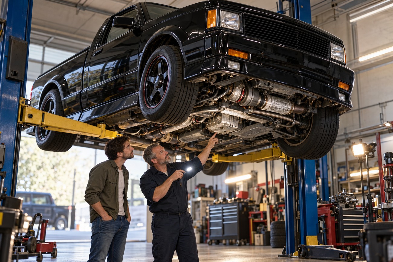 A mechanic holding a flashlight points at the undercarriage of a black GMC Syclone lifted on a hoist while a customer looks on