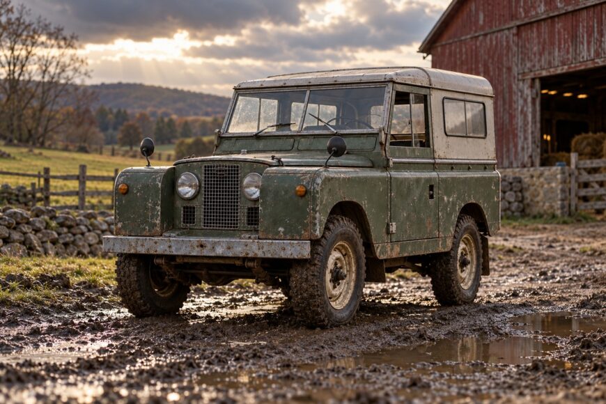 Vintage green Land Rover Series IIA parked on a muddy farm path beside a red wooden barn