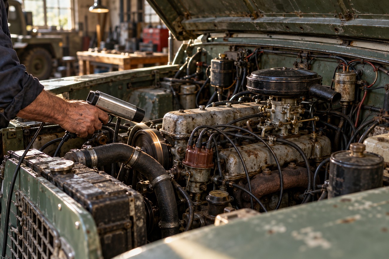 Mechanic using a timing light to inspect the engine bay of a classic Land Rover Series IIA