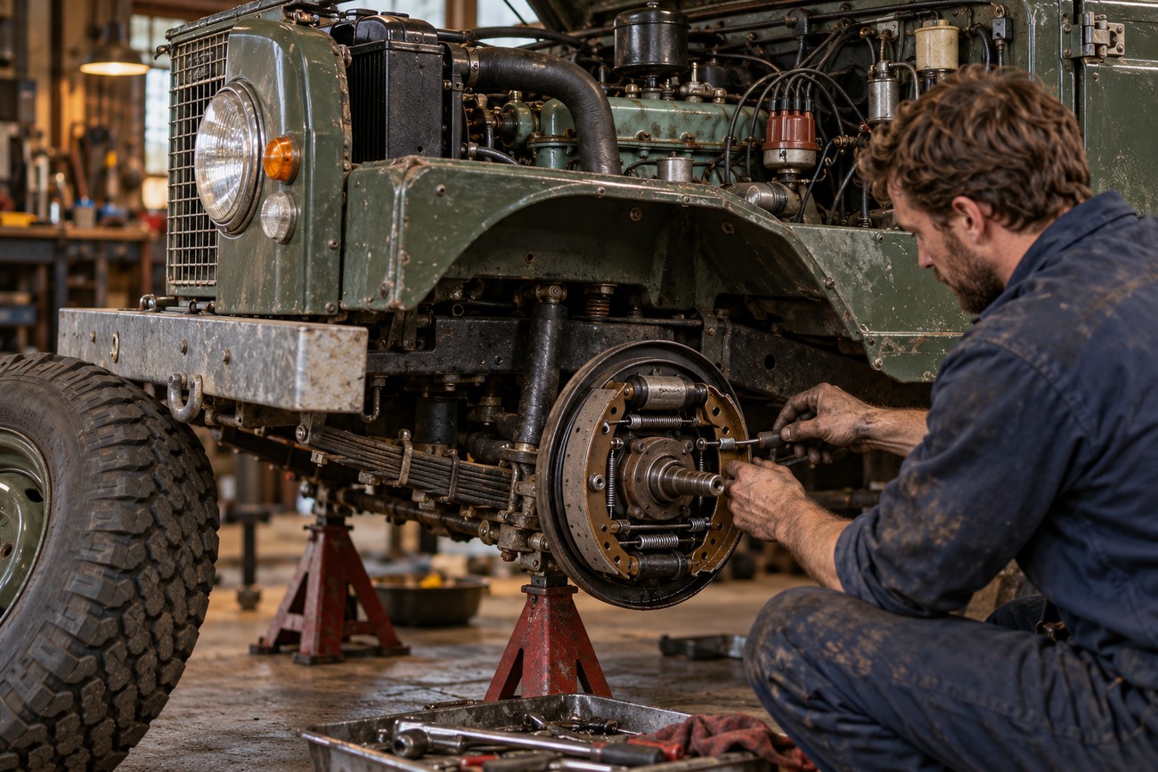 A mechanic in coveralls carefully working on the front drum brakes of a classic green Land Rover Series IIA raised on jack stands in a rustic garage