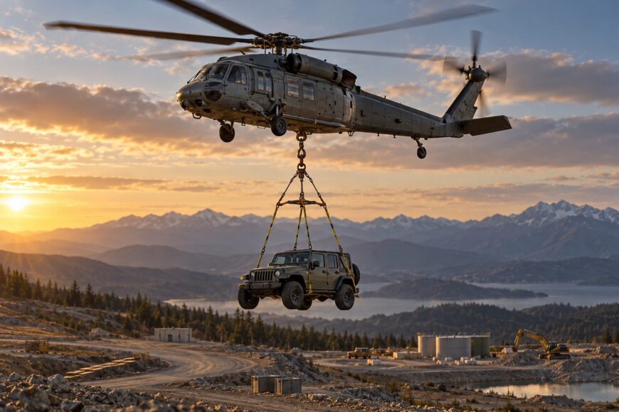 A military helicopter carrying a Jeep Wrangler suspended by heavy-duty straps over a mountainous landscape at sunset