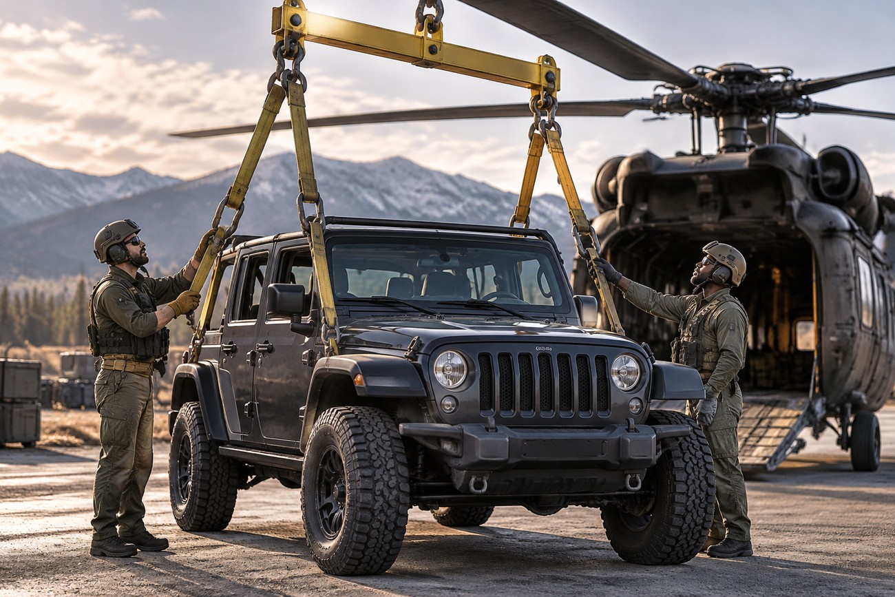 Two military personnel in tactical gear securing yellow rigging straps to a black Jeep Wrangler parked near a heavy transport helicopter