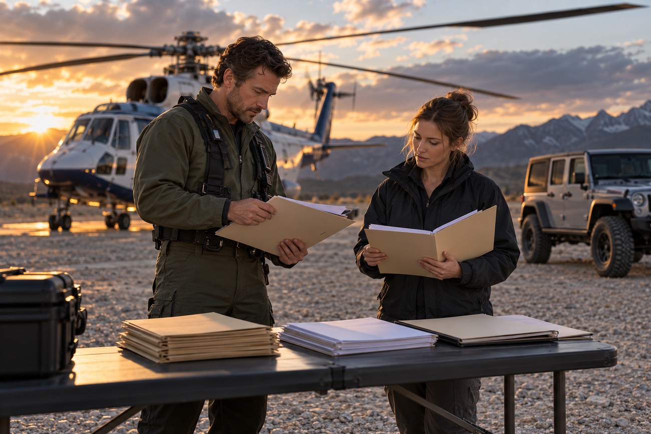 A man and a woman in tactical gear reviewing documents outdoors near a helicopter and a Jeep Wrangler at sunset