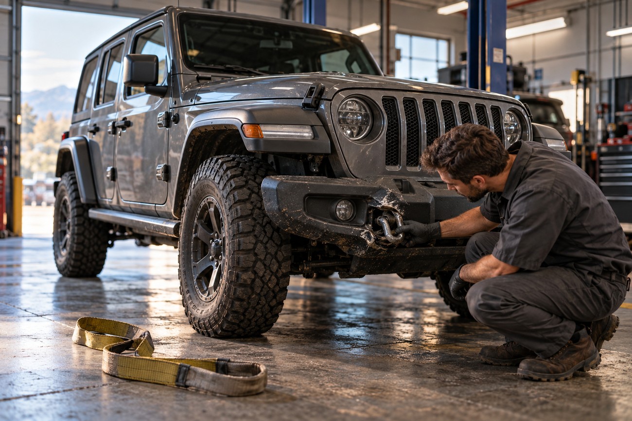 A mechanic in a workshop inspects the front tow hook and bumper of a black Jeep Wrangler preparing for helicopter transport