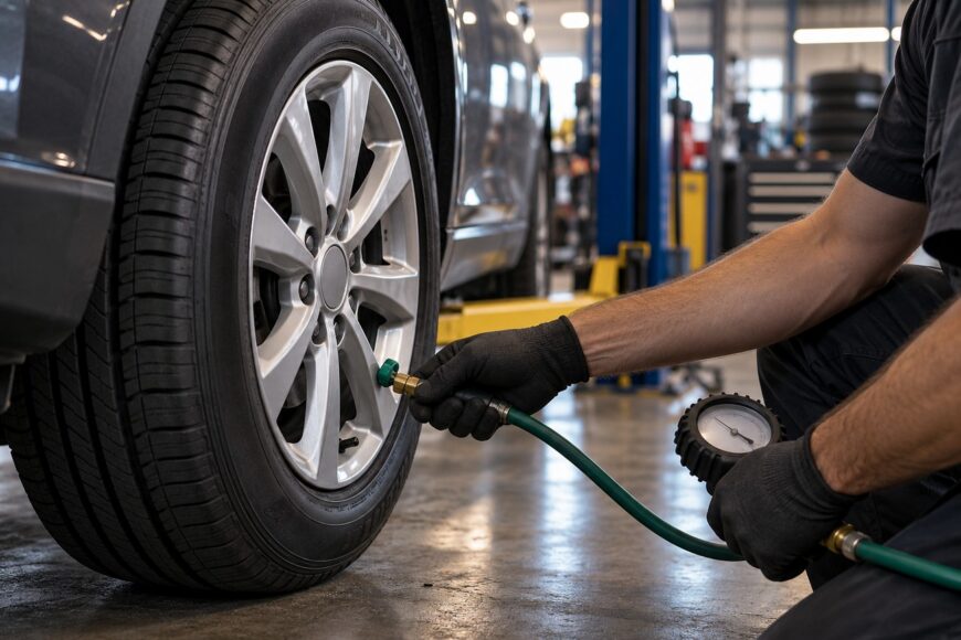 Mechanic wearing gloves checks the pressure while inflating a car tire with nitrogen in a workshop