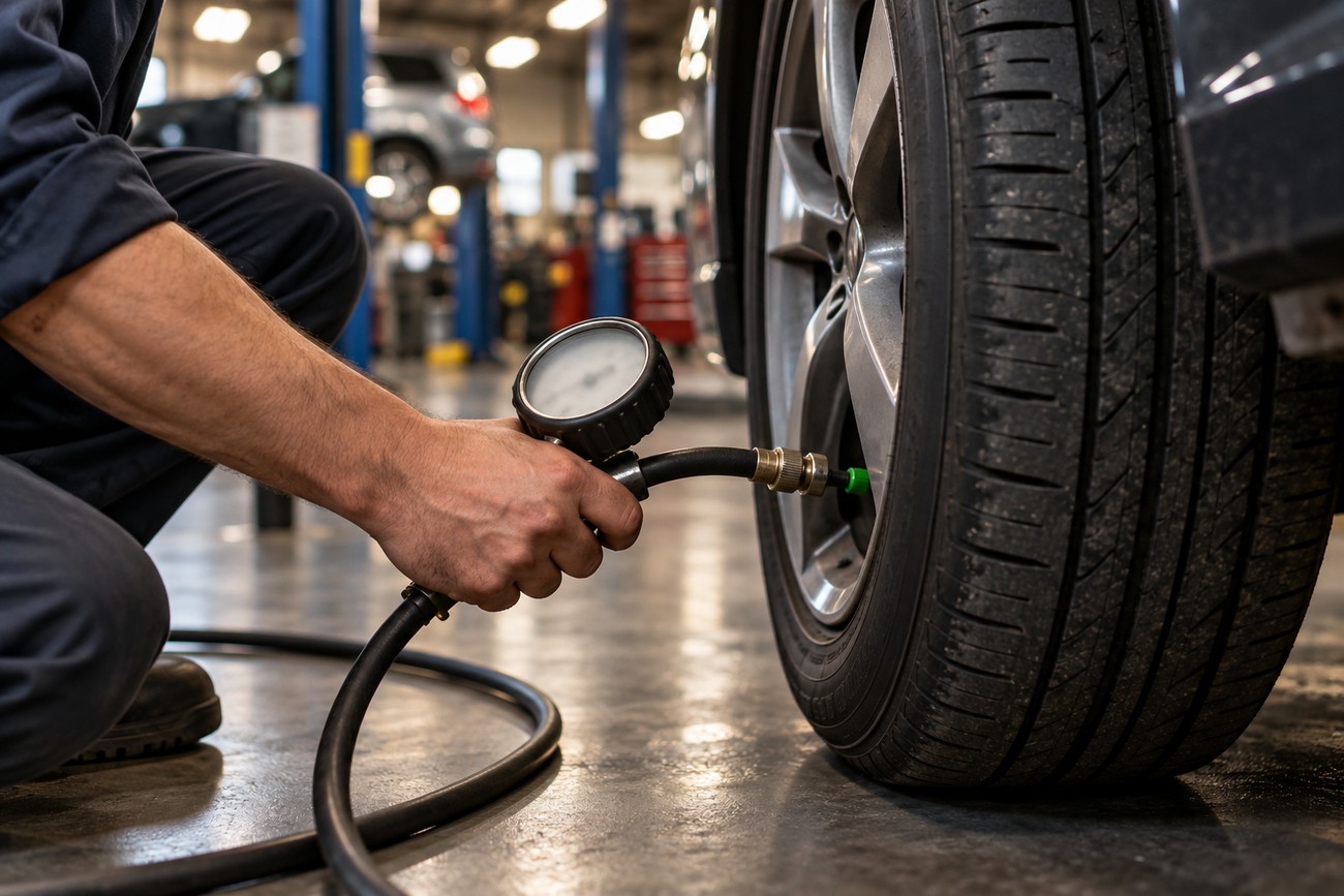 Mechanic crouching in a service station while using a pressure gauge to inflate a car tire with nitrogen