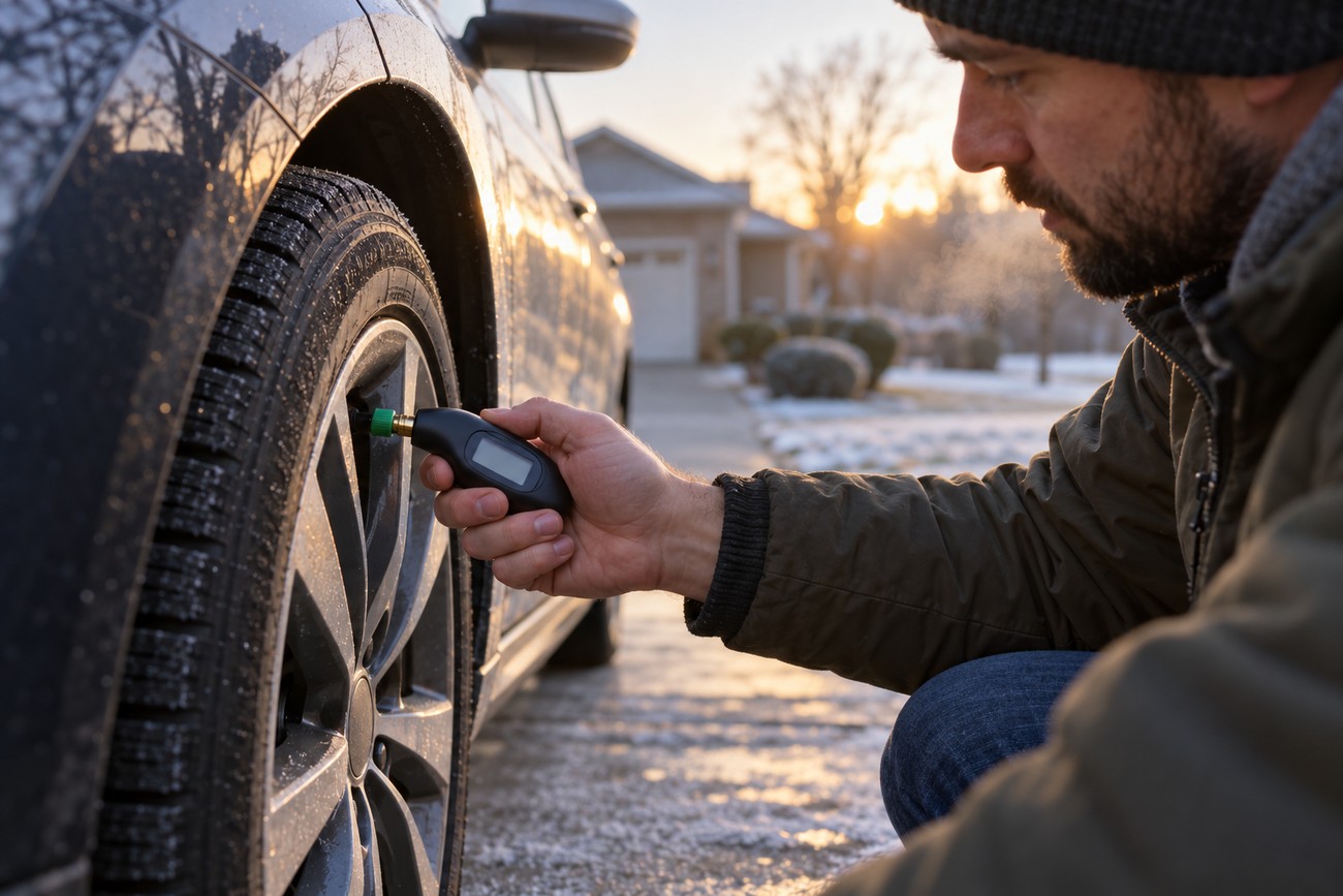 A man in a winter jacket crouches beside a car and checks the tire pressure with a digital gauge
