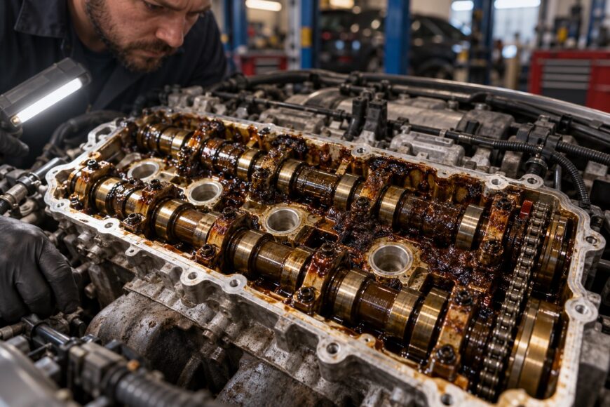 A mechanic inspecting a car engine with severe oil sludge buildup on the camshafts inside a repair shop