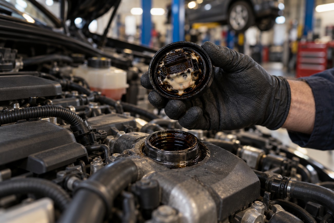 Mechanic holding an engine oil filler cap with severe sludge buildup inside a car repair shop