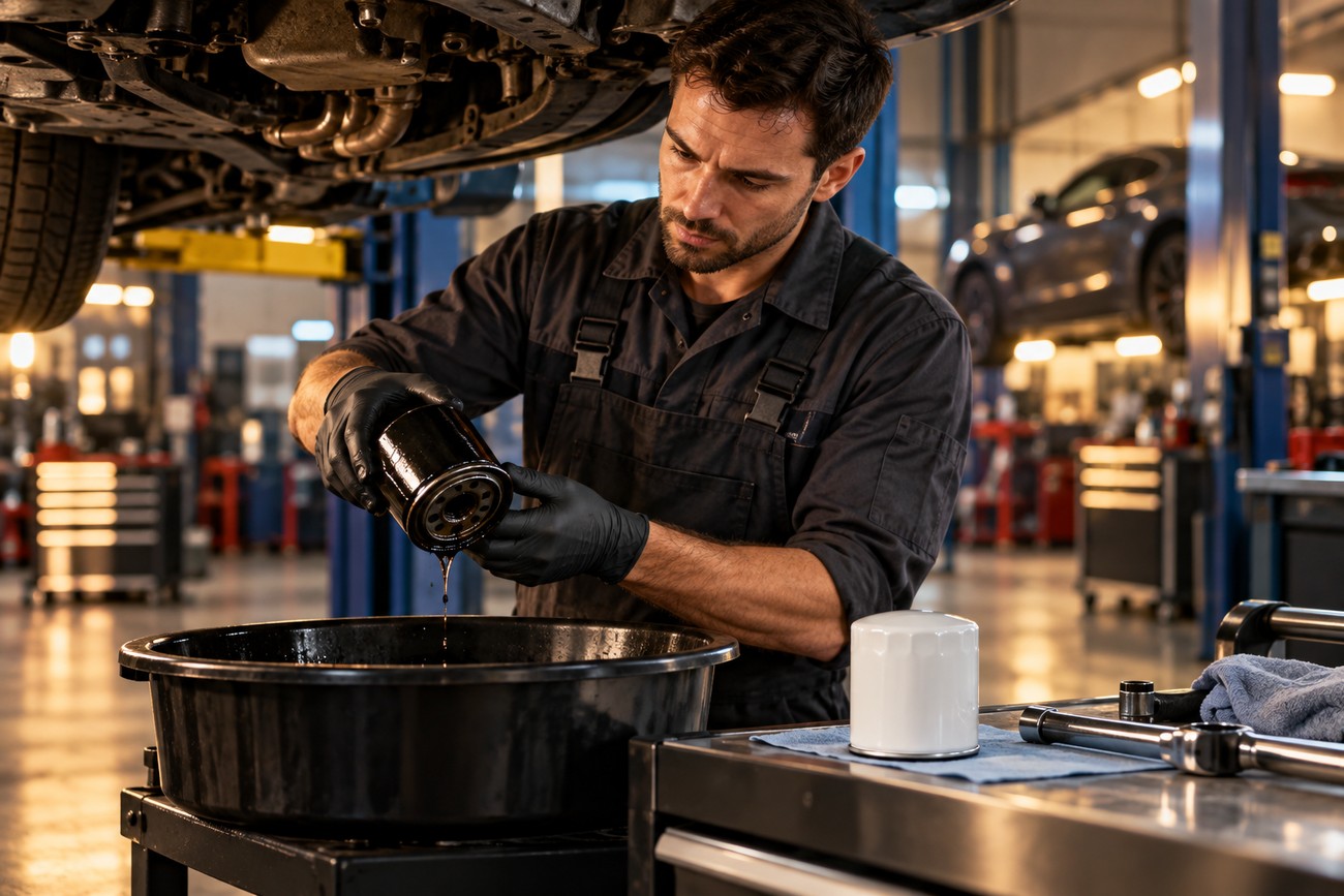 Mechanic wearing gloves draining dirty engine oil from a used filter into a basin in an auto repair shop