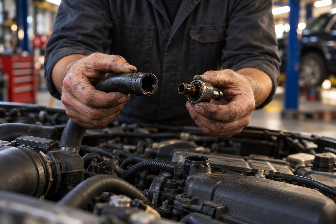 Mechanic in a workshop inspecting a dirty car part and hose covered in engine oil sludge