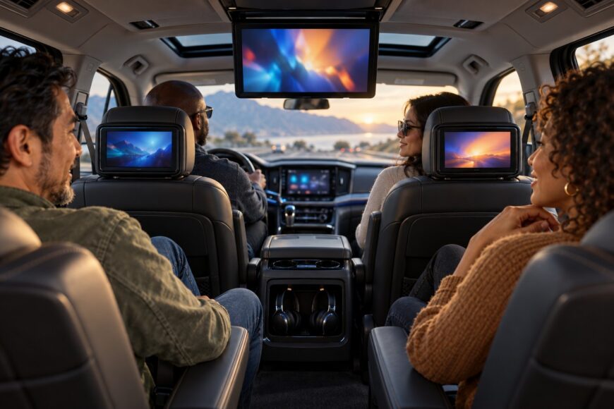 Passengers in a car enjoying video content on headrest and overhead screens during a road trip