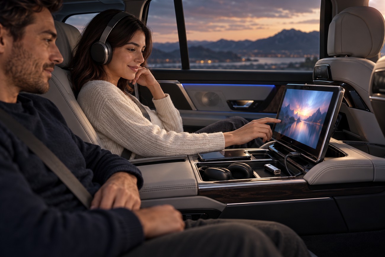 A smiling woman wearing wireless headphones touches a screen of the rear seat entertainment system inside a luxury car