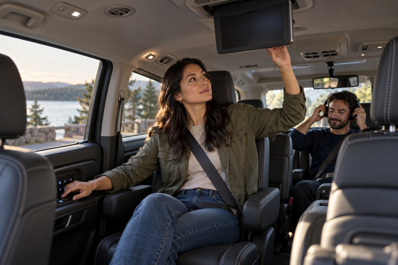 Woman adjusting a ceiling mounted screen in the back seat of a modern SUV
