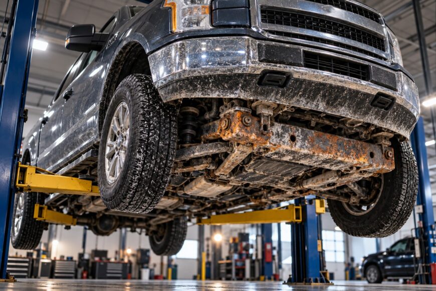 Undercarriage of a dirty Ford F-150 lifted on a shop hoist showing severe rust on the front frame and suspension components