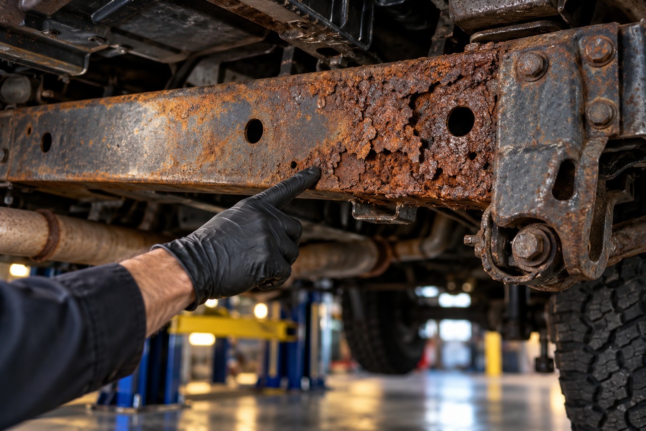 A mechanic wearing a black glove points at heavy rust damage on the metal frame of a Ford F-150 truck in a garage