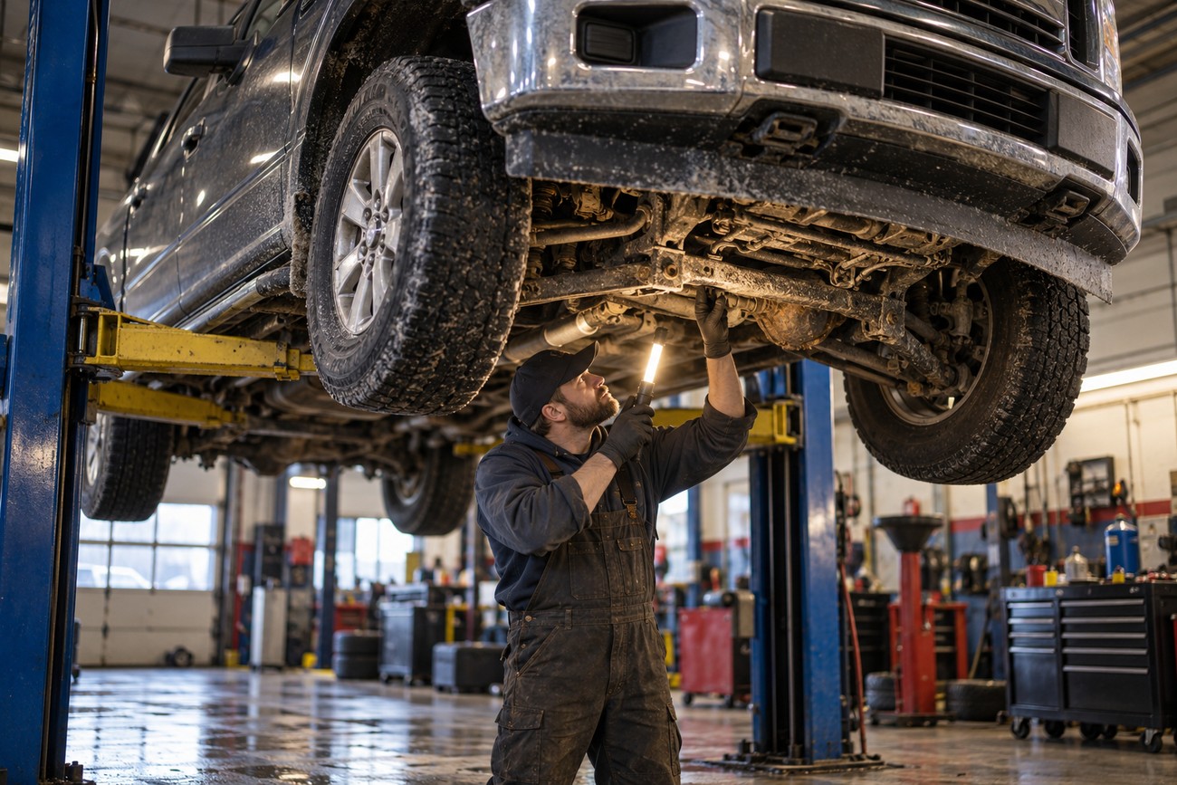 Mechanic inspecting the rusted undercarriage of a Ford F-150 lifted on a shop hoist with a work light