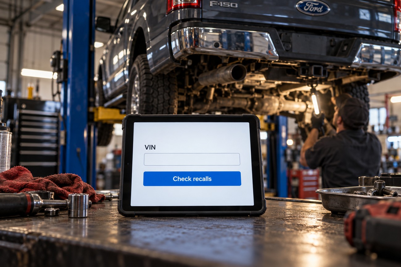 Mechanic in a repair shop checking a Ford F-150 truck frame lifted on a hydraulic lift with a diagnostic tablet