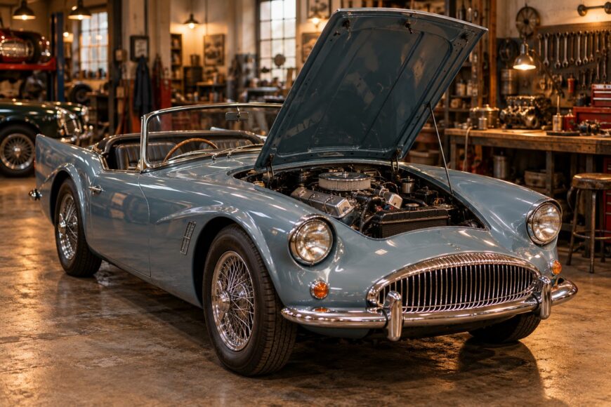 Classic blue Daimler SP250 sports car with open hood parked inside a vintage mechanic workshop