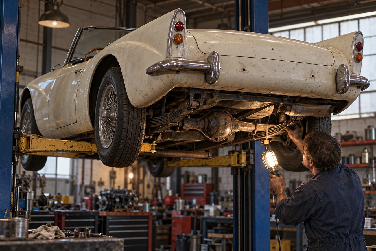 A mechanic holding a drop light inspecting the undercarriage of a classic Daimler SP250 sports car raised on a lift in a workshop