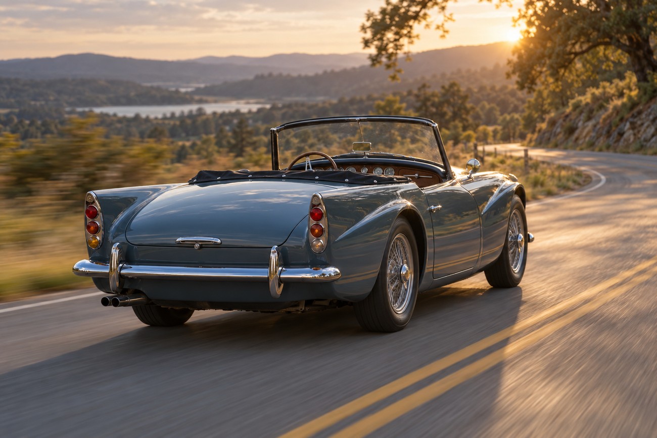 Rear view of a classic blue Daimler SP250 Dart convertible driving along a winding mountain road at sunset
