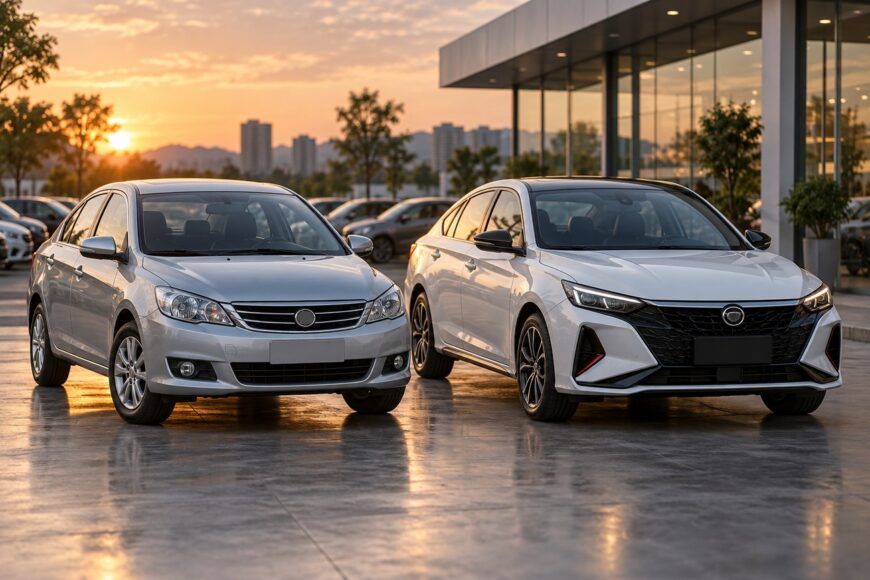 Two modern Dongfeng Fengshen sedans parked outside a glass dealership during a scenic sunset